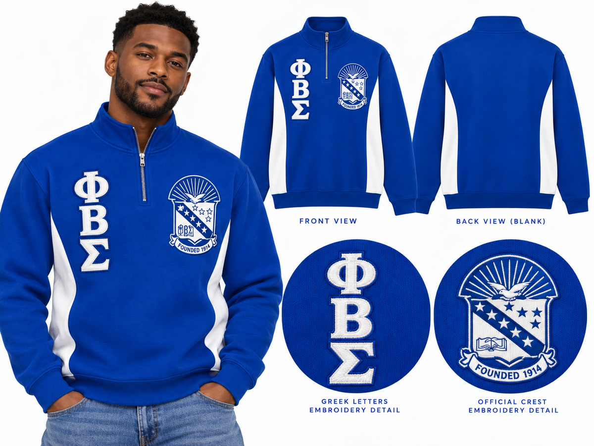 Royal blue and white Phi Beta Sigma quarter-zip pullover shown on a man with stacked Greek letters, crest, white side panels, and blank back