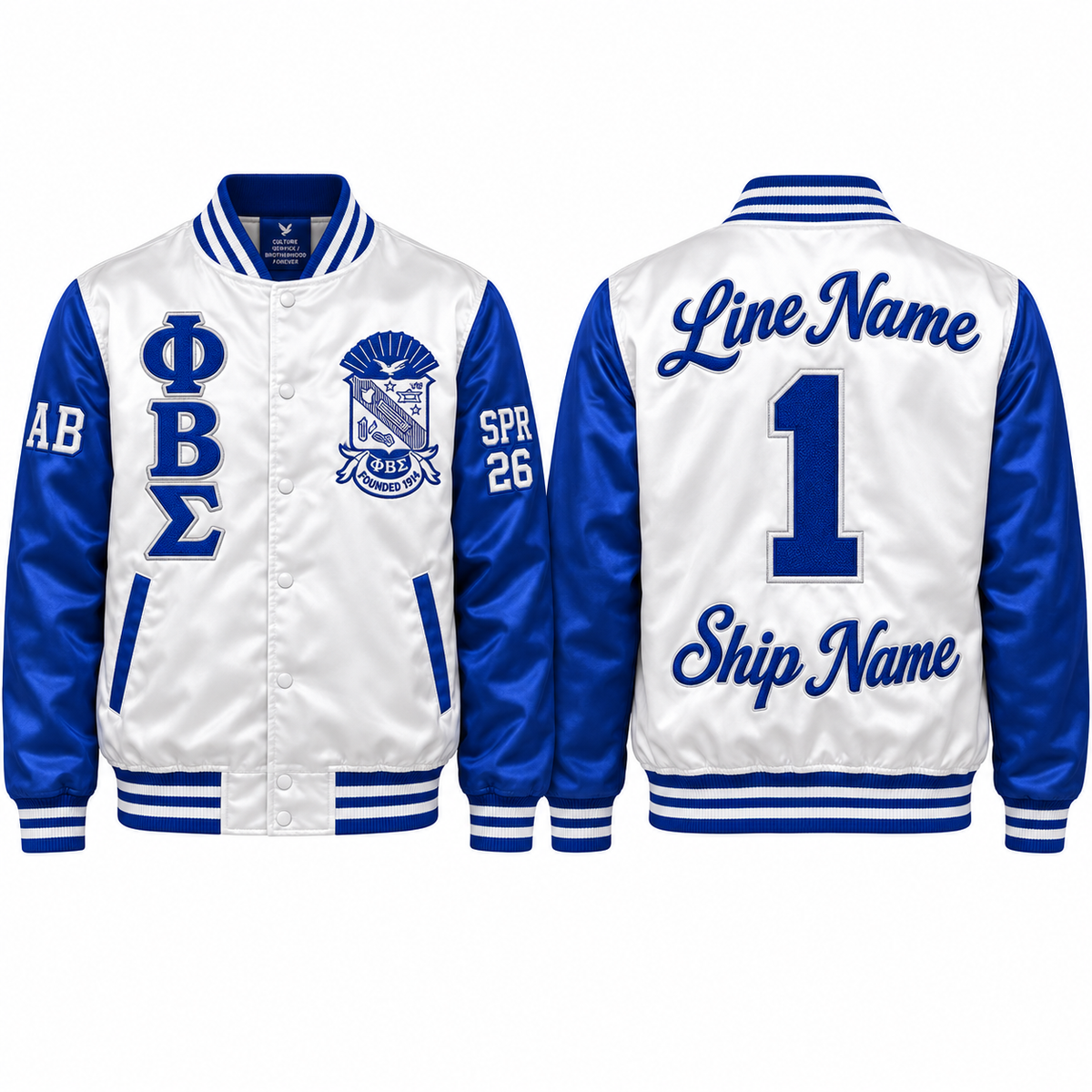White and royal blue Phi Beta Sigma satin bomber jacket shown front and back with sample line personalization