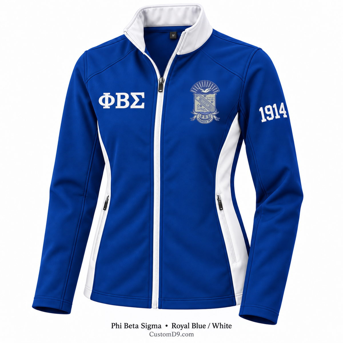 Phi Beta Sigma royal blue and white softshell jacket with crest, Greek letters, and 1914 sleeve embroidery