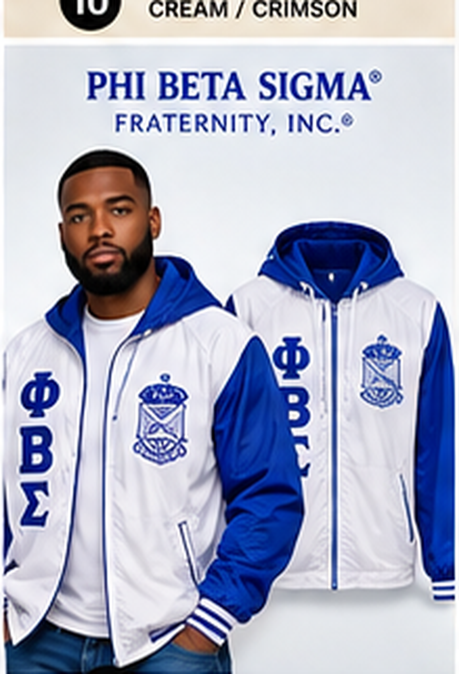 Phi Beta Sigma white and royal blue embroidered windbreaker with Phi Beta Sigma letters and crest