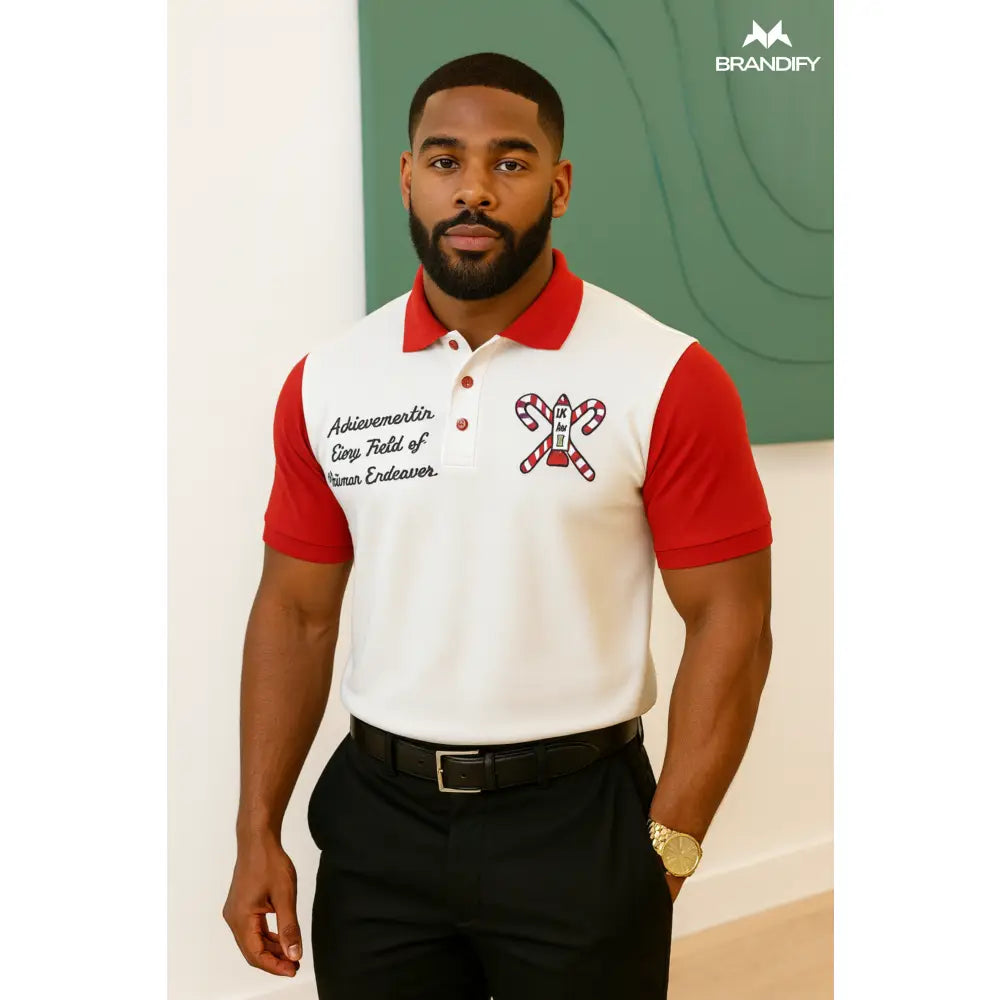 White Red custom embroidered Kappa Alpha Psi polo shirt with personalized name, chapter, and line details