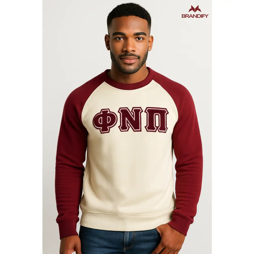 Custom Kappa Alpha Psi Raglan Chenille Sweatshirt front view with raised chenille Greek lettering