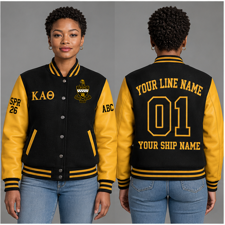 Kappa Alpha Theta Black and Gold personalized wool varsity jacket on an adult model, original supplied crest and ΚΑΘ letters, sample line name, line number 01, ship name, crossing year and chapter initials.