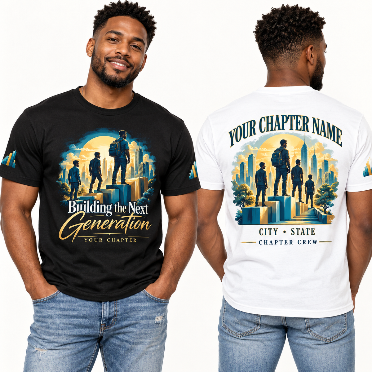 Custom Fraternity Building the Next Generation chapter group shirt on models