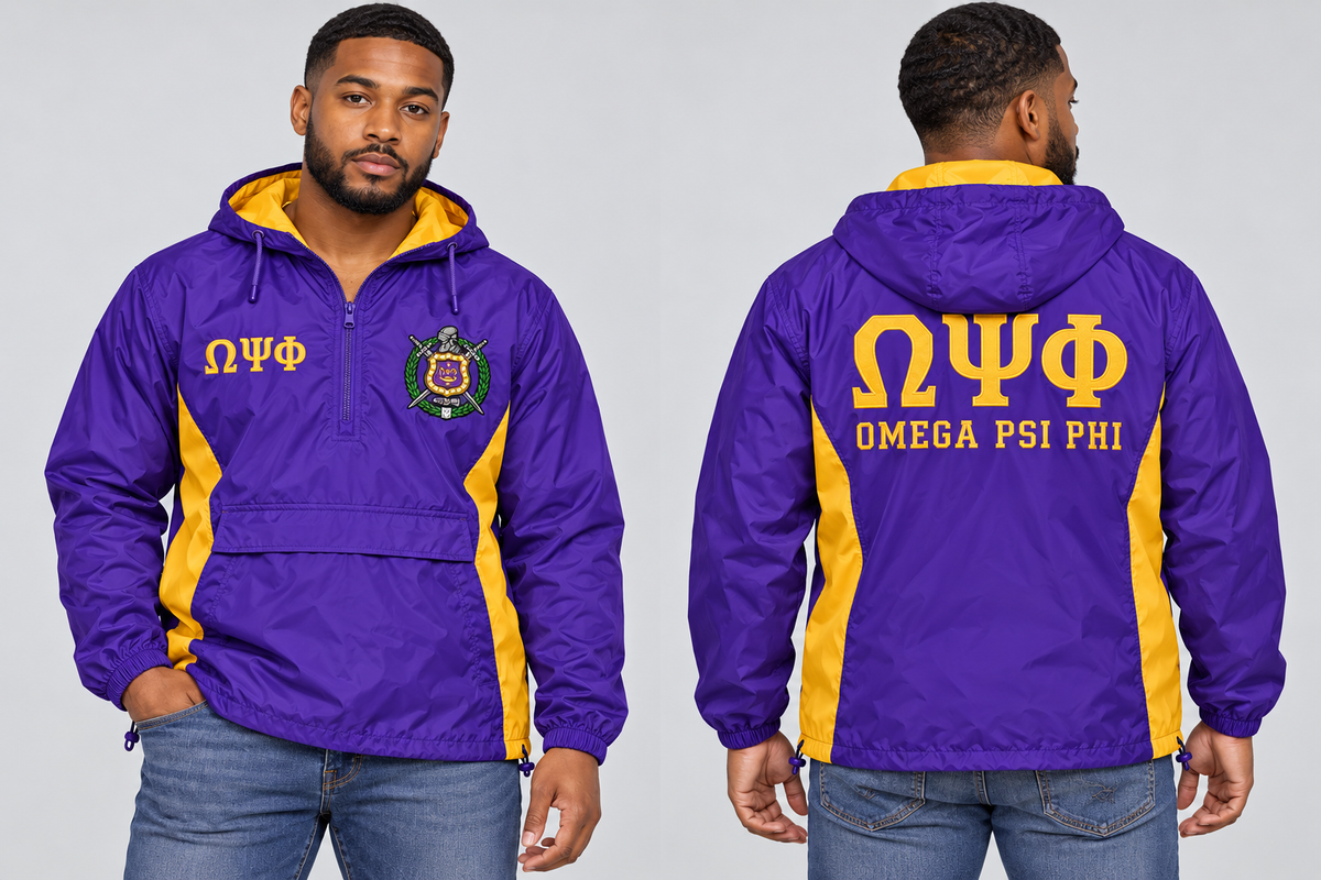 Black man modeling Omega Psi Phi royal purple and old gold custom embroidered men's hooded anorak windbreaker jacket, front and back views.