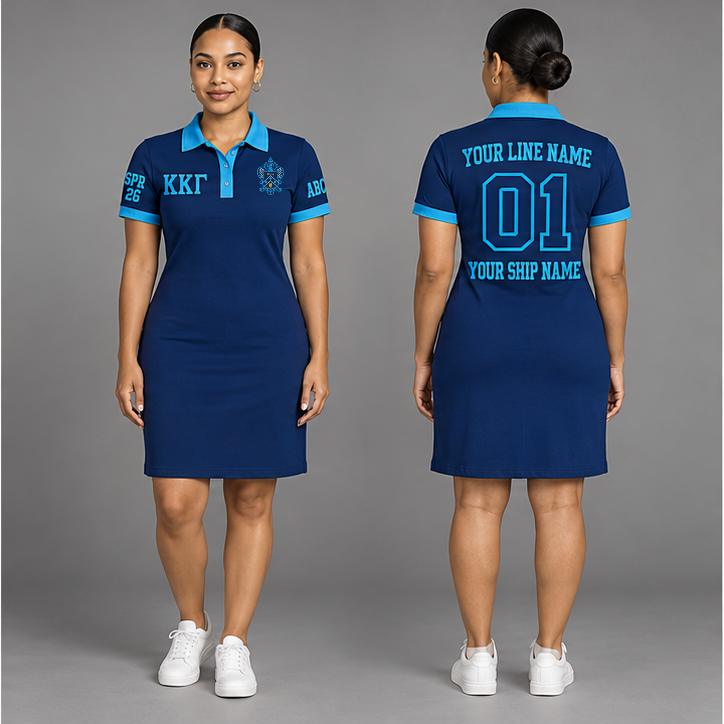 Kappa Kappa Gamma Kappa Blue and Gamma Blue personalized polo dress on an adult model, original supplied crest and ΚΚΓ letters, sample line name, line number 01, ship name, crossing year and chapter initials.