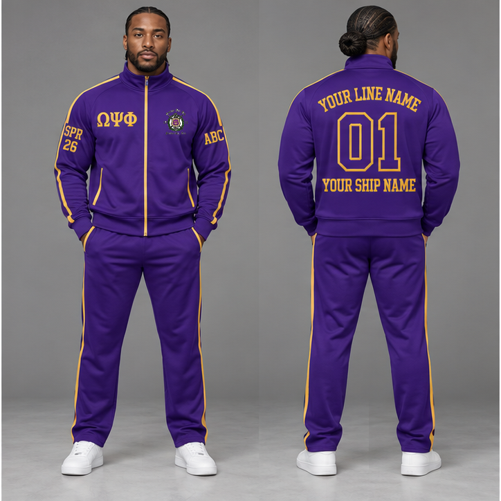 Omega Psi Phi Royal Purple and Old Gold personalized track suit on an adult model, original supplied crest and ΩΨΦ letters, sample line name, line number 01, ship name, crossing year and chapter initials.