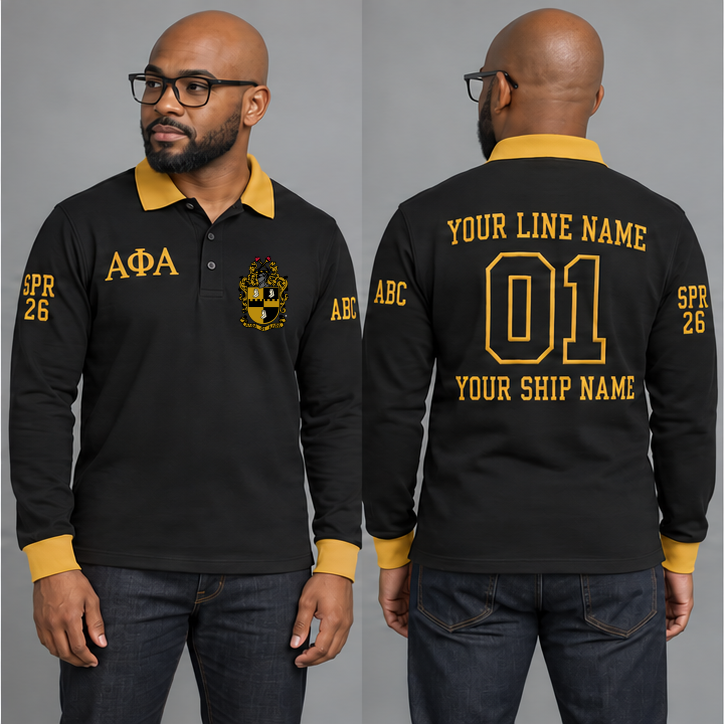 Alpha Phi Alpha long sleeve polo in Black and Old Gold on an adult model, original crest and ΑΦΑ letters, sample line name, line number 01, ship name and sleeve personalization.