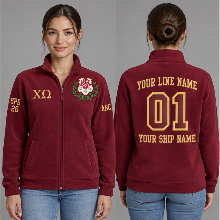 Chi Omega Cardinal and Straw personalized full-zip sweatshirt on an adult model, original supplied crest and ΧΩ letters, sample line name, line number01, ship name, crossing year and chapter initials.