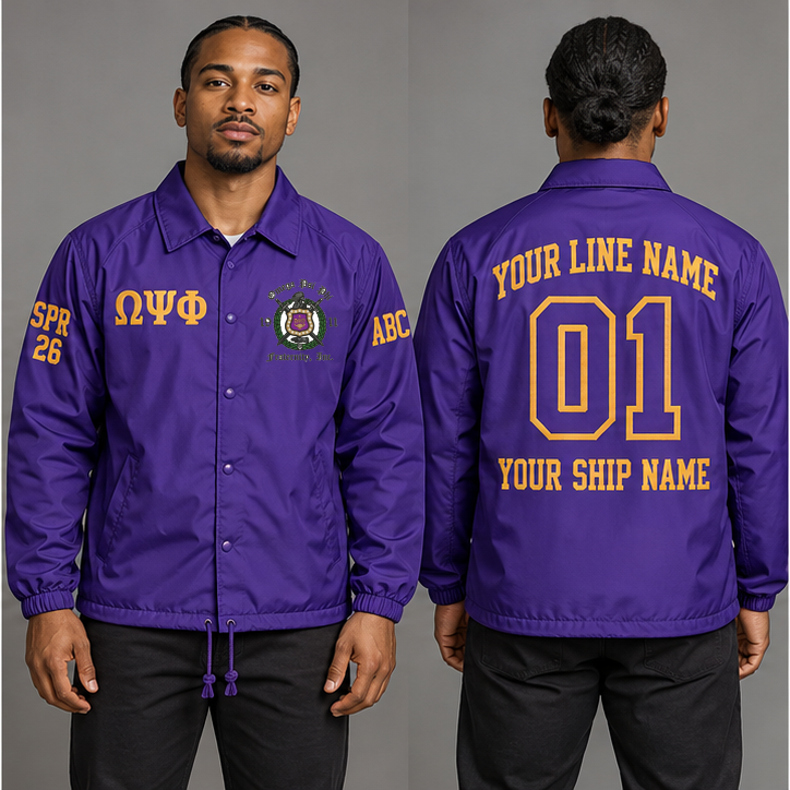 Omega Psi Phi Royal Purple and Old Gold personalized coach line jacket on an adult model, original supplied crest and ΩΨΦ letters, sample line name, line number 01, ship name, crossing year and chapter initials.