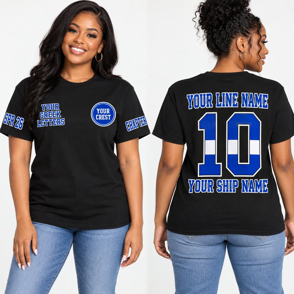 Custom Sorority Split Varsity Black line name number ship name crossing shirt