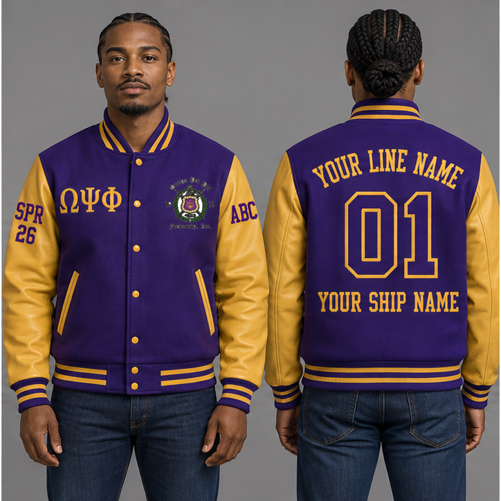 Omega Psi Phi Royal Purple and Old Gold personalized wool varsity jacket on an adult model, original supplied crest and ΩΨΦ letters, sample line name, line number 01, ship name, crossing year and chapter initials.