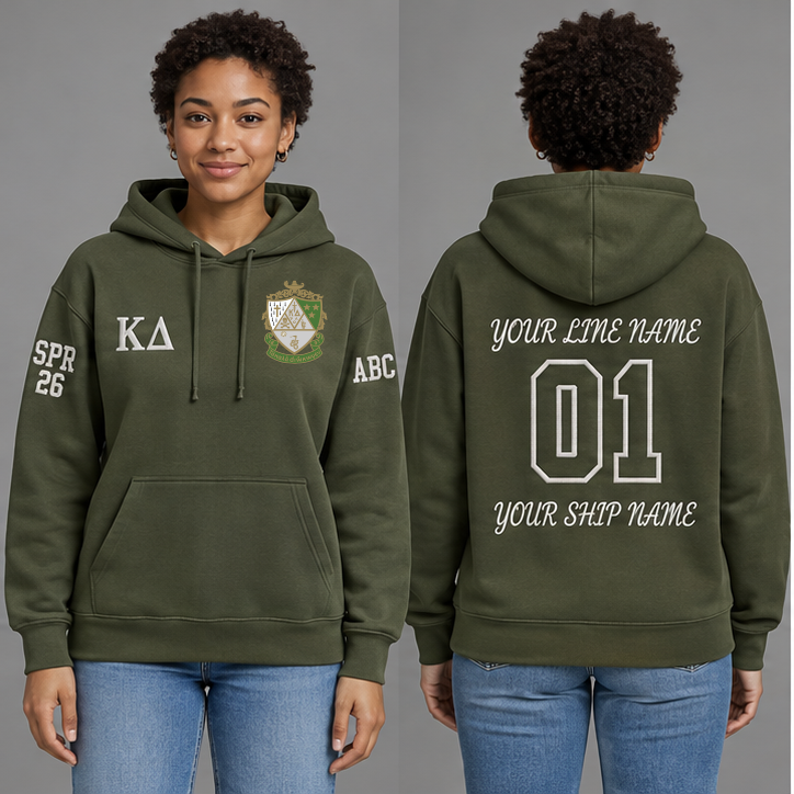 Kappa Delta Olive Green and Pearl White personalized pullover hoodie on an adult model, original supplied crest and ΚΔ letters, sample line name, line number 01, ship name, crossing year and chapter initials.