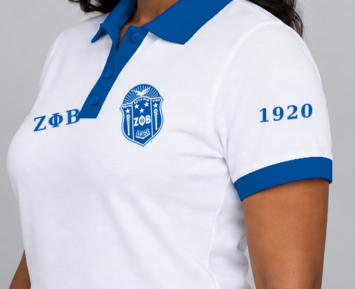 Zeta Phi Beta premium embroidered white solid contrast trim polo on model - founding year sleeve detail
