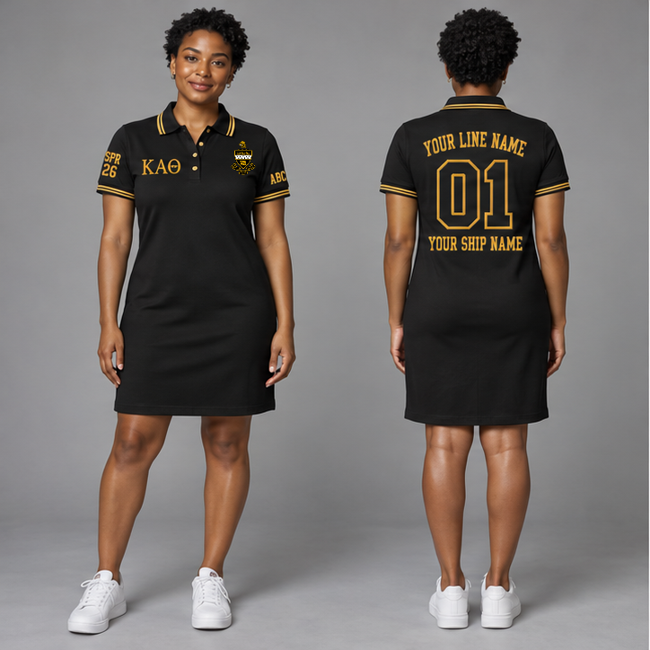 Kappa Alpha Theta Black and Gold personalized polo dress on an adult model, original supplied crest and ΚΑΘ letters, sample line name, line number 01, ship name, crossing year and chapter initials.