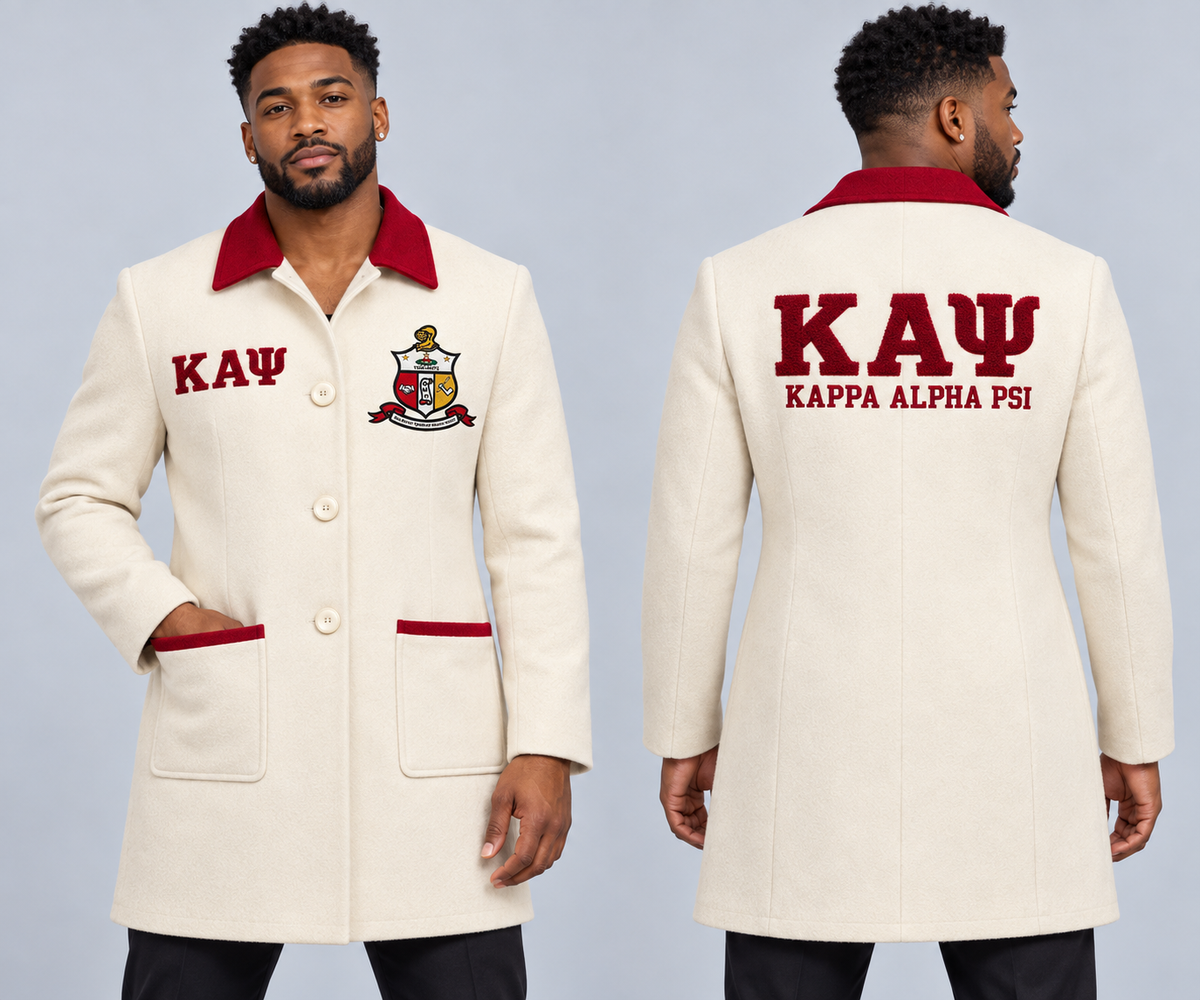 Black male model wearing Kappa Alpha Psi fitted premium wool blend coat in cream and crimson, premium chenille Greek letters and embroidered crest, front and back views.