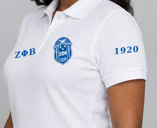 Zeta Phi Beta premium embroidered white solid polo on model - founding year sleeve detail