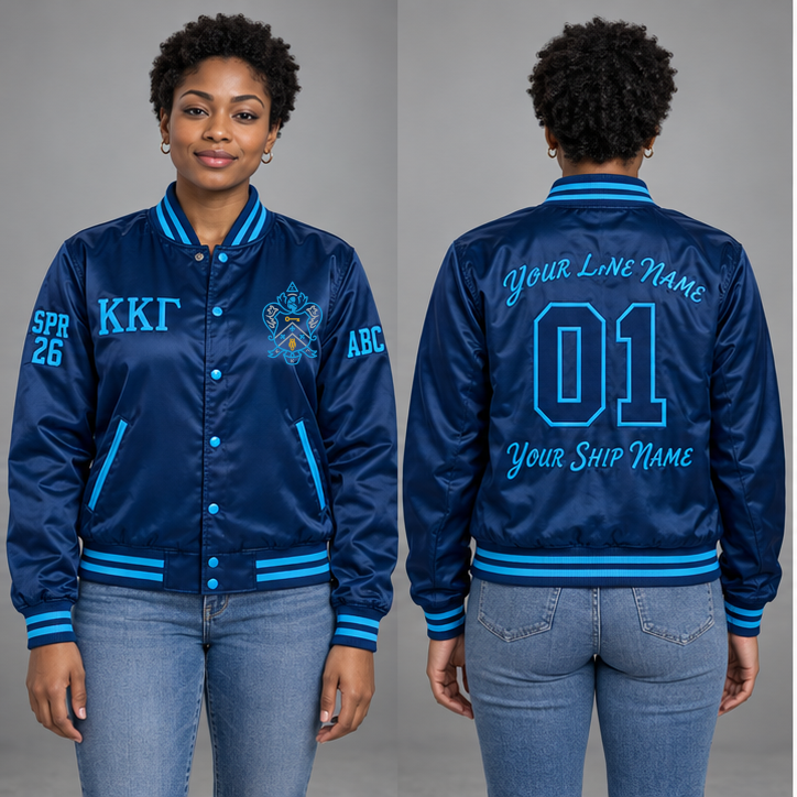 Kappa Kappa Gamma Kappa Blue and Gamma Blue personalized satin line jacket on an adult model, original supplied crest and ΚΚΓ letters, sample line name, line number 01, ship name, crossing year and chapter initials.