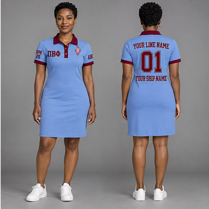 Pi Beta Phi Silvery Blue and Wine personalized polo dress on an adult model, original supplied crest and ΠΒΦ letters, sample line name, line number 01, ship name, crossing year and chapter initials.