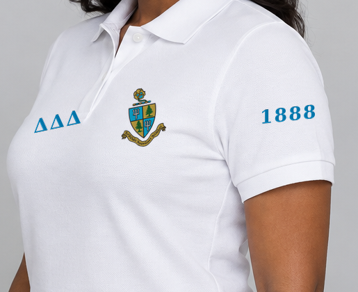 Delta Delta Delta premium embroidered white solid polo on model - founding year sleeve detail
