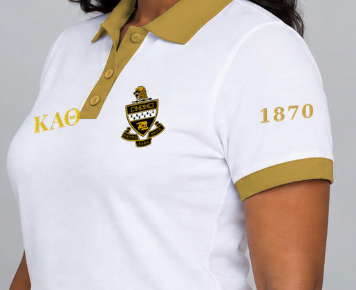 Kappa Alpha Theta premium embroidered white solid contrast trim polo on model - founding year sleeve detail