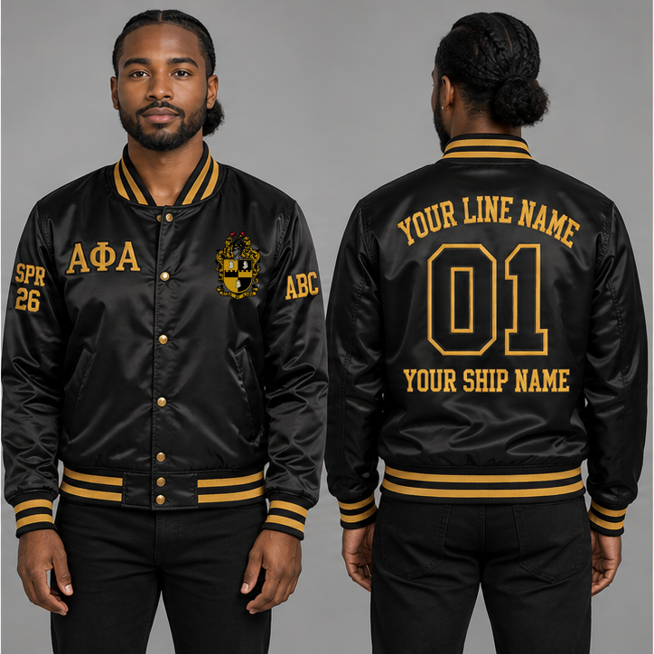 Alpha Phi Alpha Black and Old Gold personalized satin line jacket on an adult model, original supplied crest and ΑΦΑ letters, sample line name, line number 01, ship name, crossing year and chapter initials.