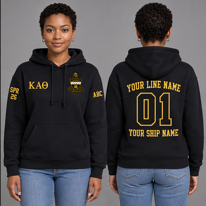 Kappa Alpha Theta Black and Gold personalized pullover hoodie on an adult model, original supplied crest and ΚΑΘ letters, sample line name, line number 01, ship name, crossing year and chapter initials.