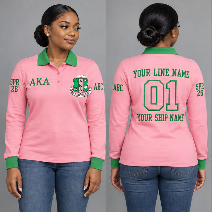 Alpha Kappa Alpha long sleeve polo in Salmon Pink and Apple Green on an adult model, original crest and ΑΚΑ letters, sample line name, line number 01, ship name and sleeve personalization.