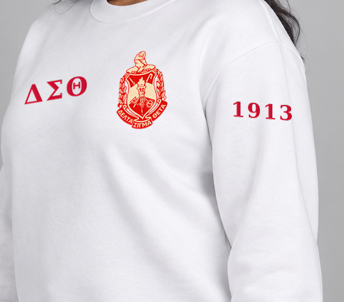 Delta Sigma Theta premium embroidered white solid crewneck sweatshirt on model - founding year sleeve detail