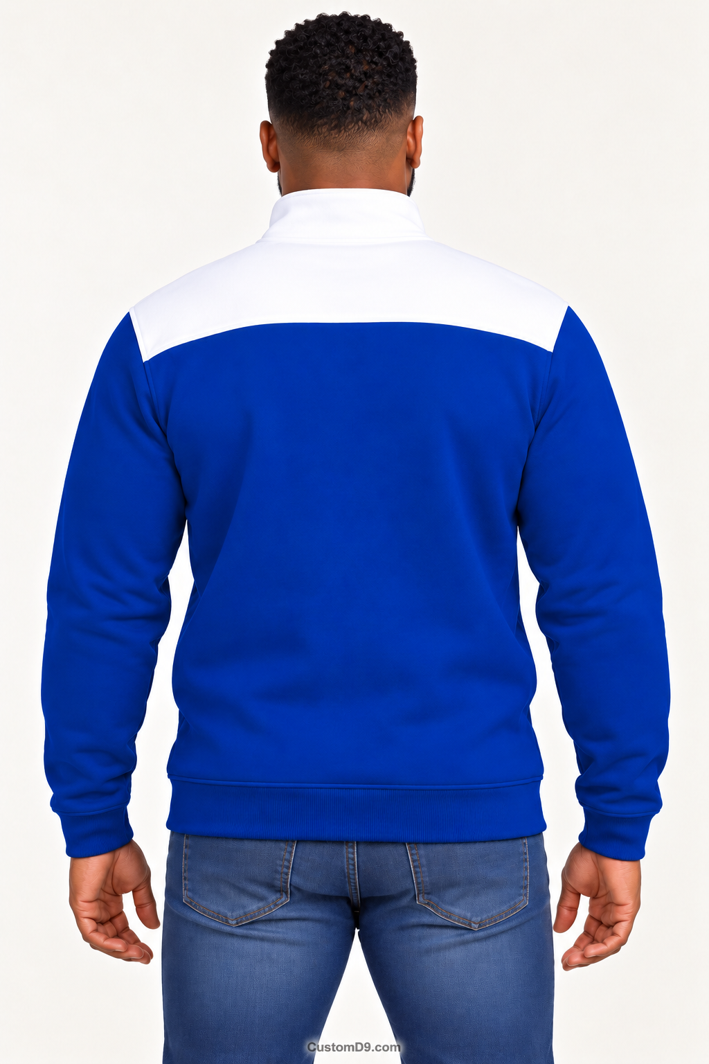 Black male model showing back of Phi Beta Sigma royal blue quarter-zip with white shoulder panel