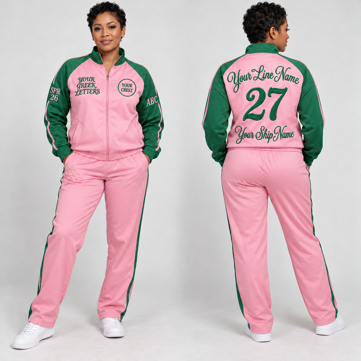 Track Suit Pink Green embroidered line name number ship name front back and sleeves on model