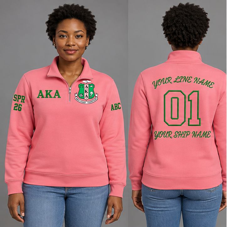Alpha Kappa Alpha Salmon Pink and Apple Green personalized quarter-zip sweatshirt on an adult model, original supplied crest and ΑΚΑ letters, sample line name, line number01, ship name, crossing year and chapter initials.
