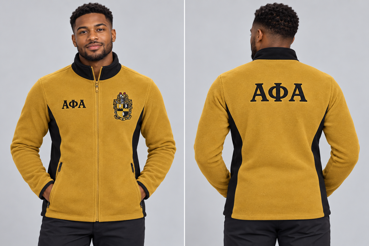 Alpha Phi Alpha fitted Old Gold and Black polar fleece jacket on man model, front and back