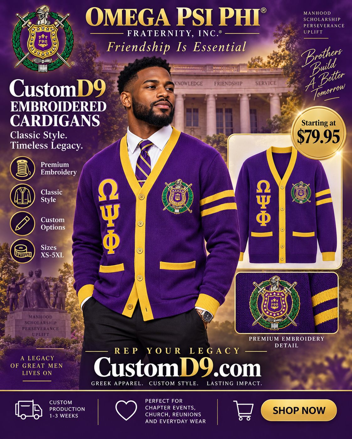Omega Psi Phi purple and gold embroidered cardigan poster Pirani9
