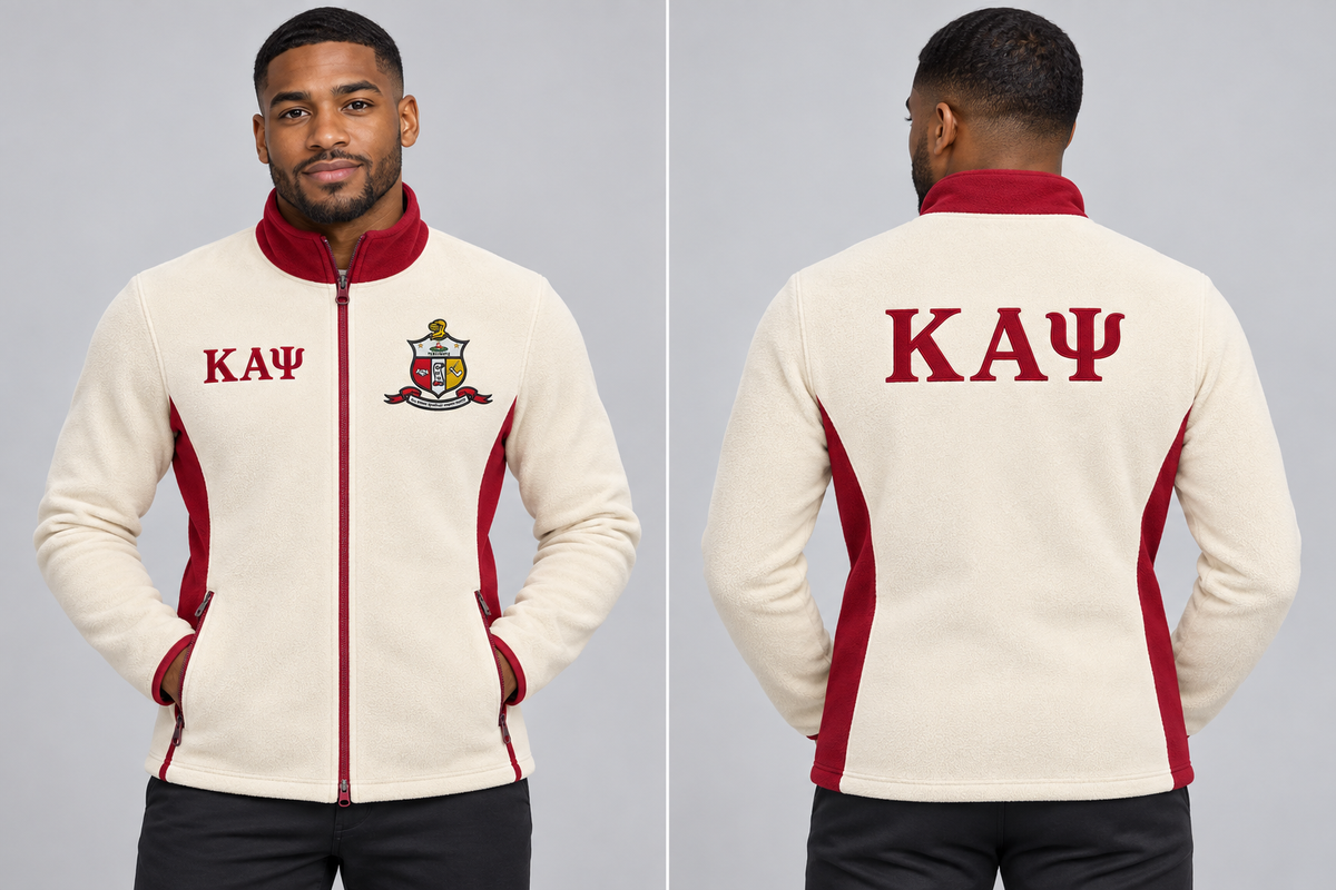 Kappa Alpha Psi fitted Cream and Crimson polar fleece jacket on man model, front and back