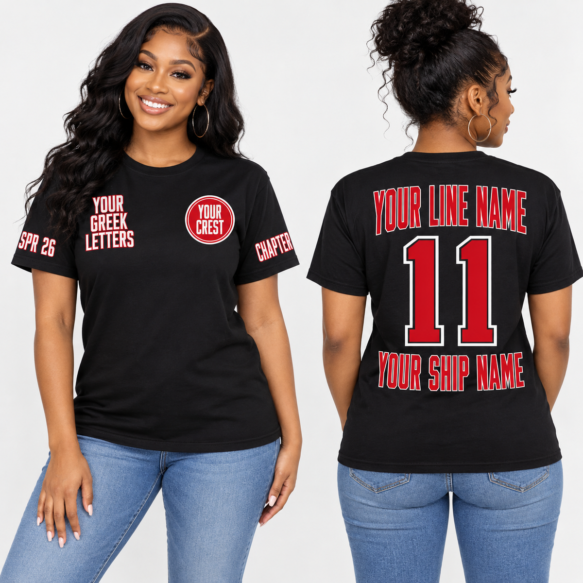 Custom Sorority Tall Condensed Black line name number ship name crossing shirt