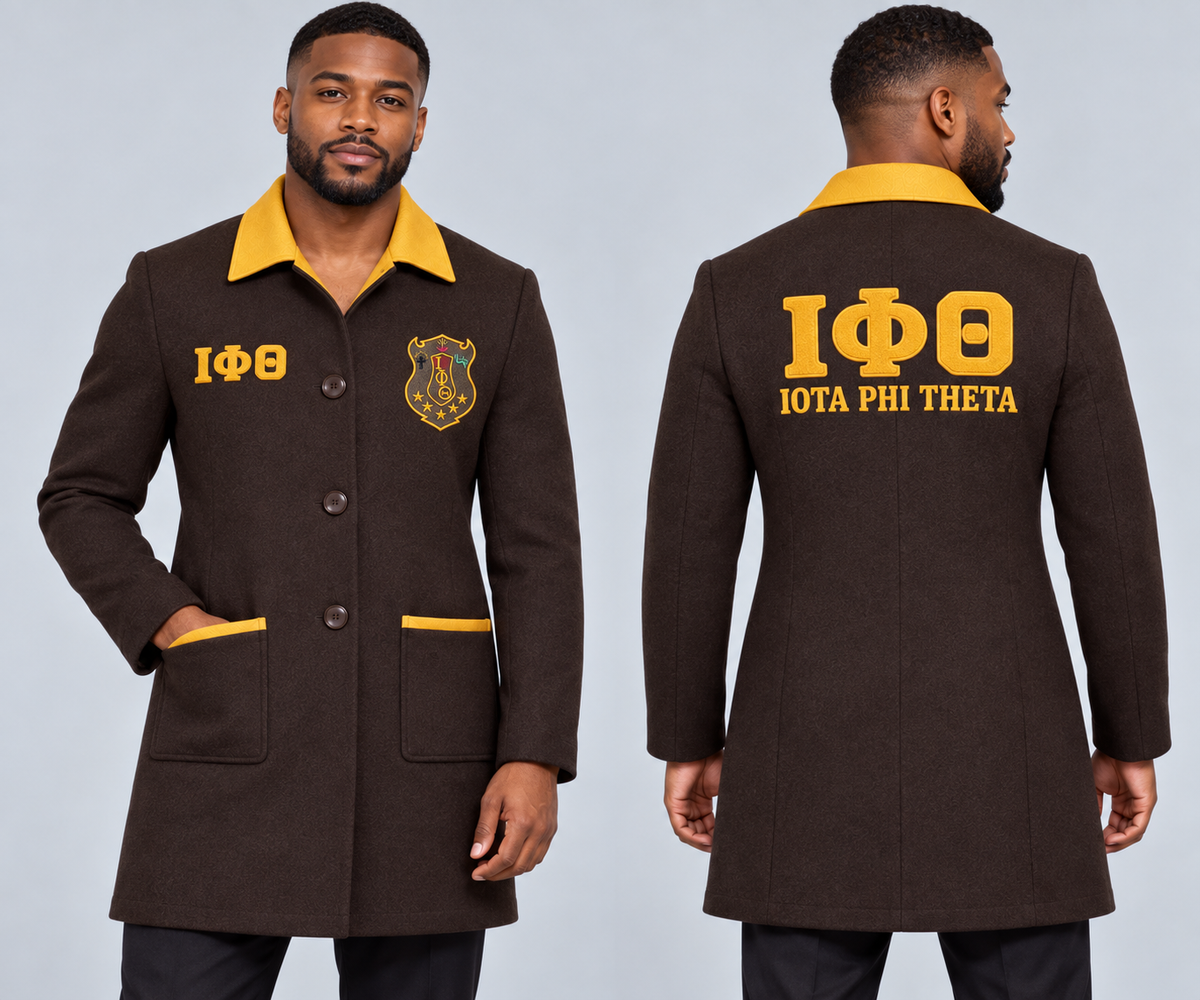 Black male model wearing Iota Phi Theta fitted premium wool blend coat in charcoal brown and gilded gold, premium chenille Greek letters and embroidered crest, front and back views.