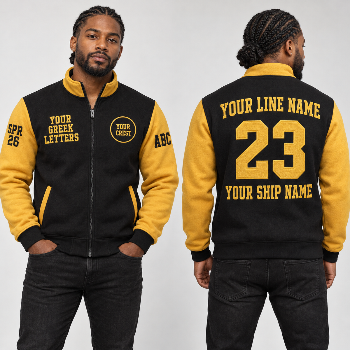 Full-Zip Sweatshirt Black Gold embroidered line name number ship name front back and sleeves on model