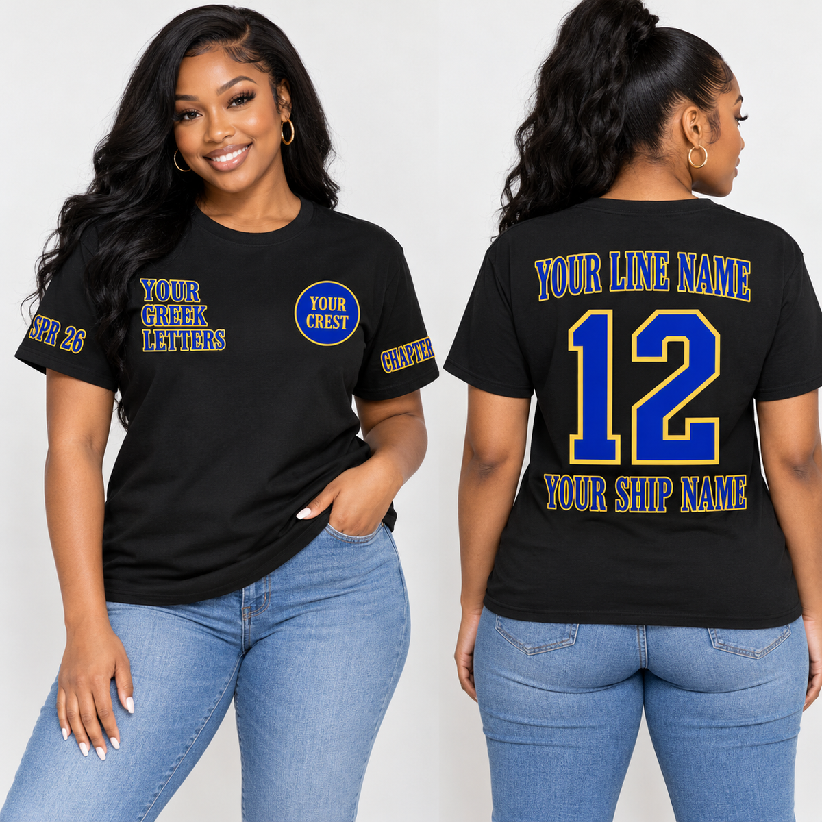 Custom Sorority Outlined Serif Black line name number ship name crossing shirt