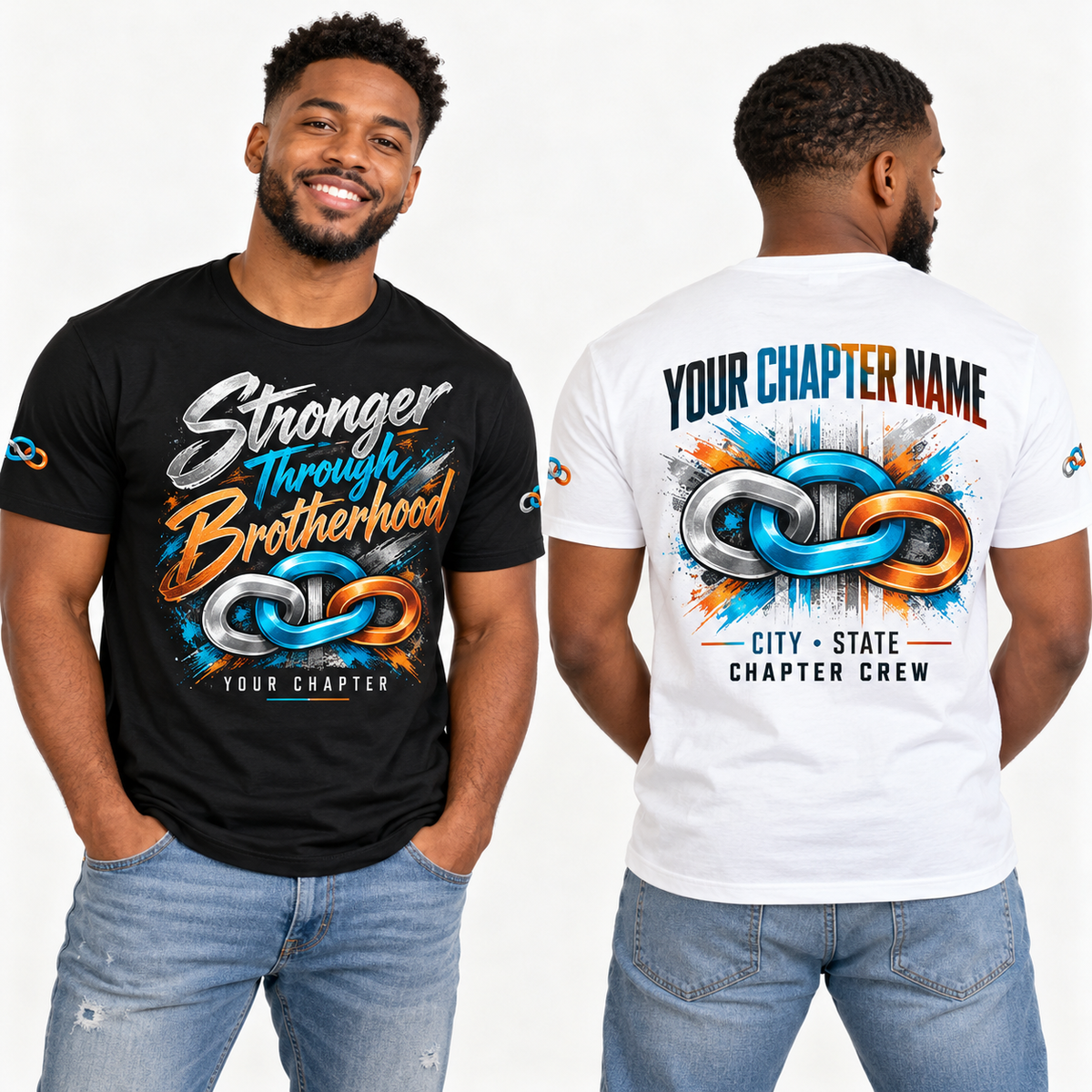 Custom Fraternity Stronger Through Brotherhood chapter group shirt on models