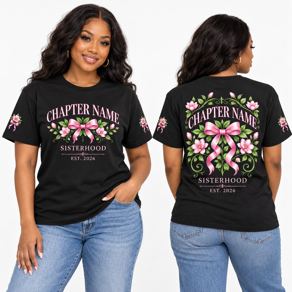 Custom sorority chapter full-color printed T-shirt on a model, front and back