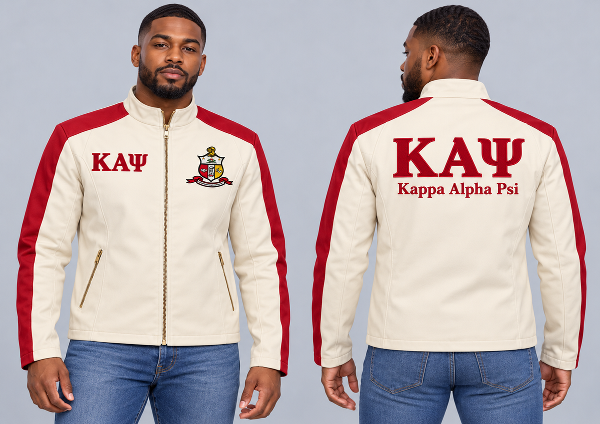 Black man modeling Kappa Alpha Psi cream and crimson custom embroidered contrast racing jacket, front and back views.