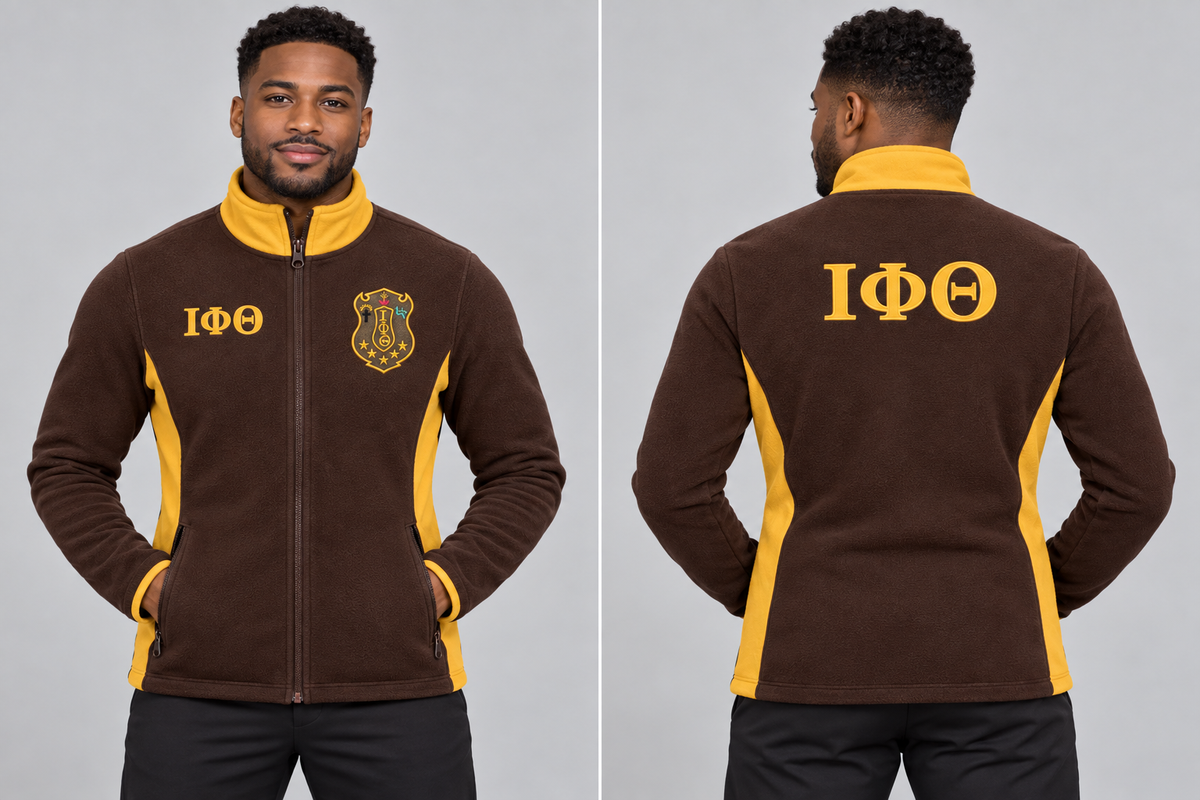 Iota Phi Theta fitted Charcoal Brown and Old Gold polar fleece jacket on man model, front and back