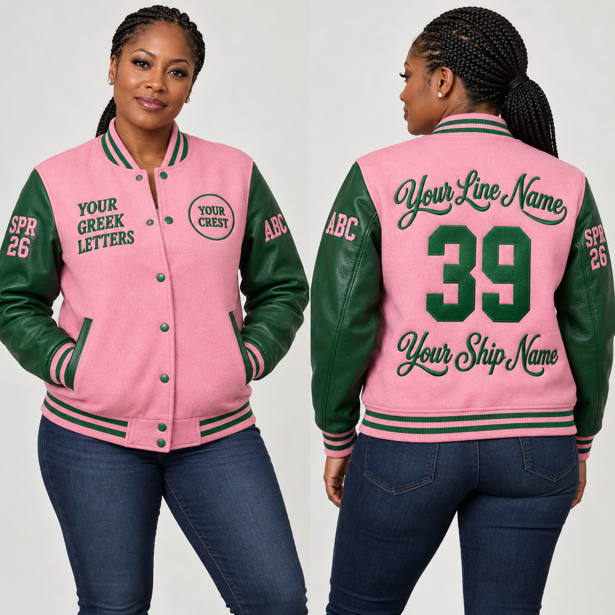 Wool Varsity Jacket Pink Green embroidered line name number ship name front back and sleeves on model