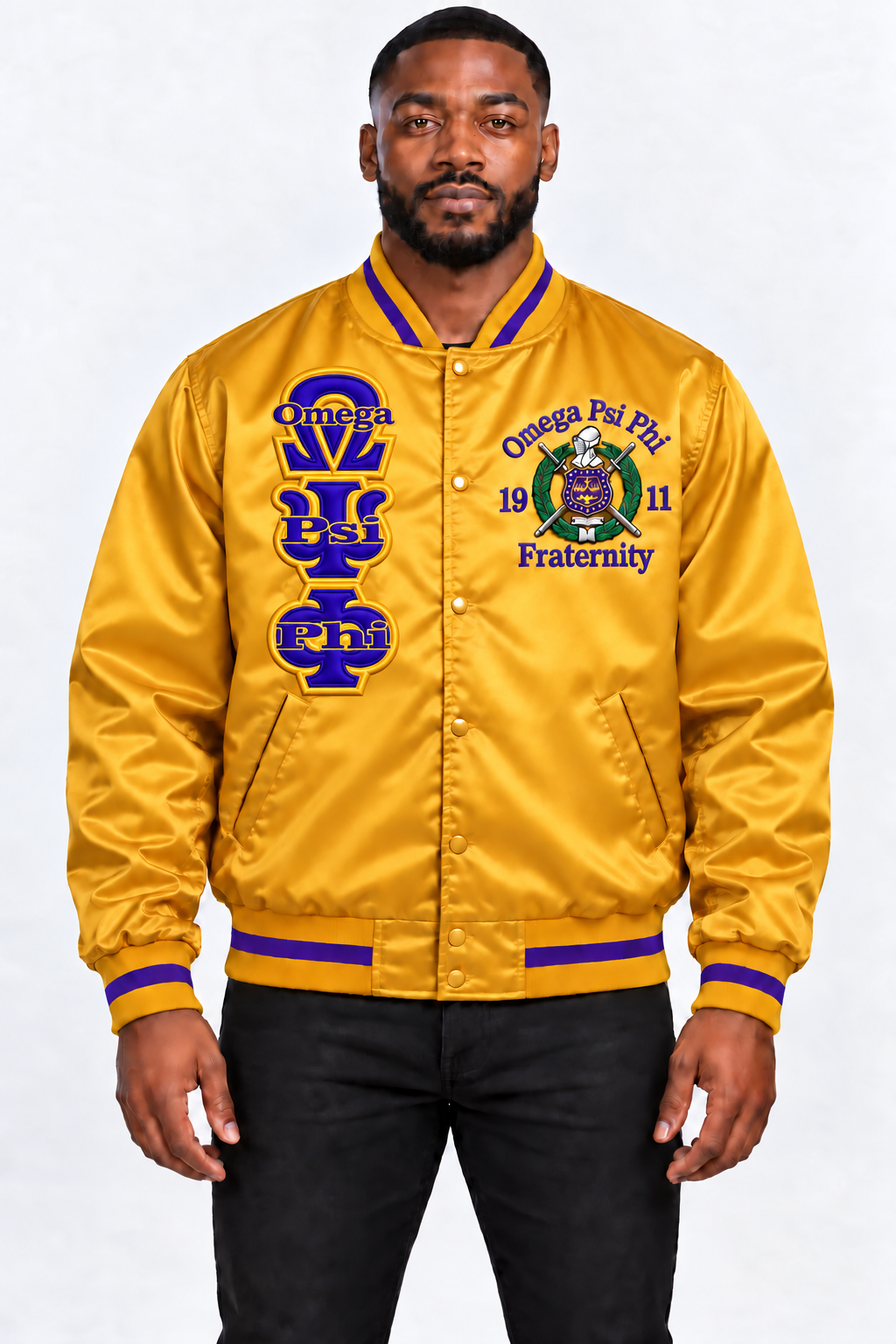 Gold Omega Psi Phi satin jacket with larger vertical embroidery ending just above the pocket – single jacket custom order