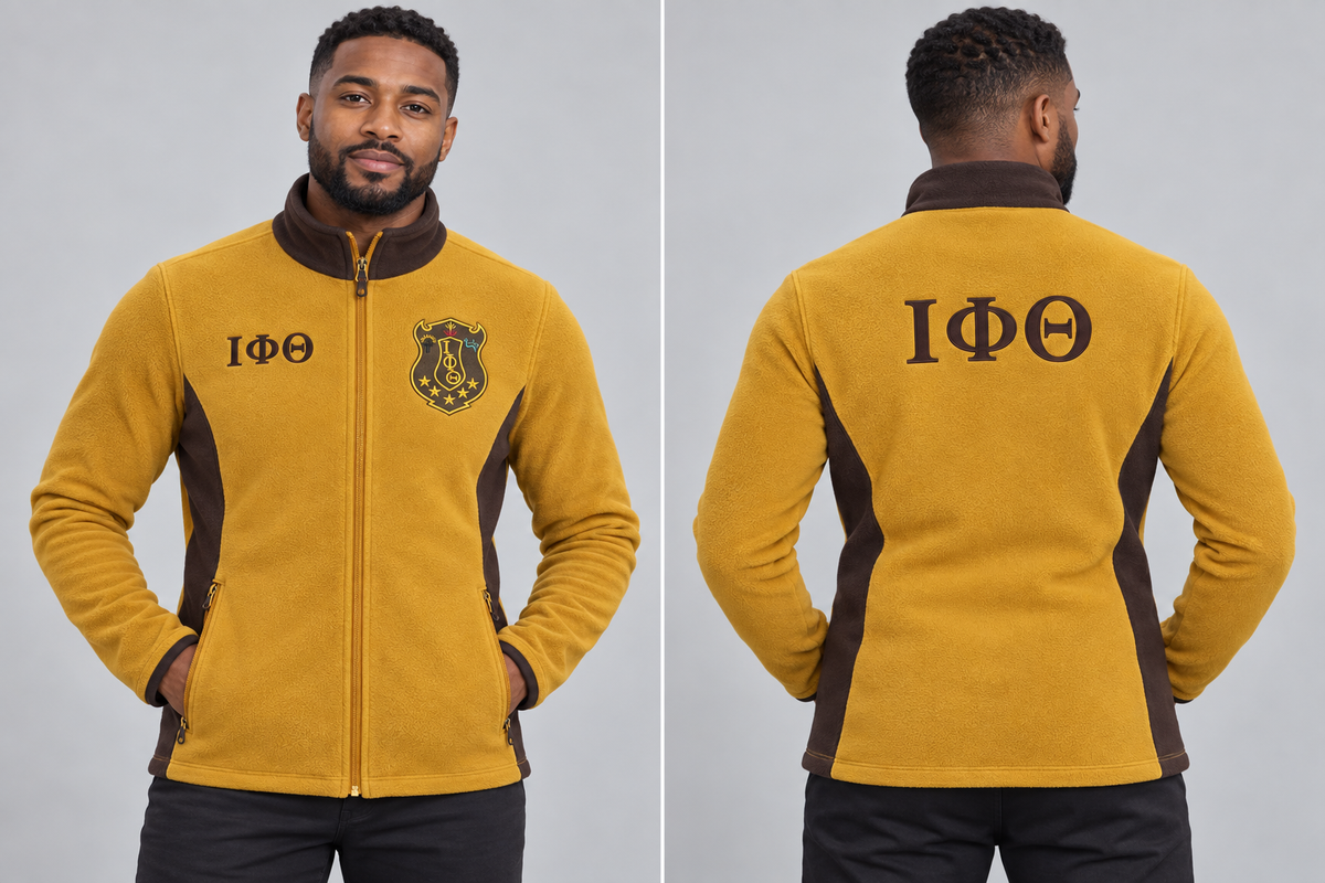 Iota Phi Theta fitted Old Gold and Charcoal Brown polar fleece jacket on man model, front and back