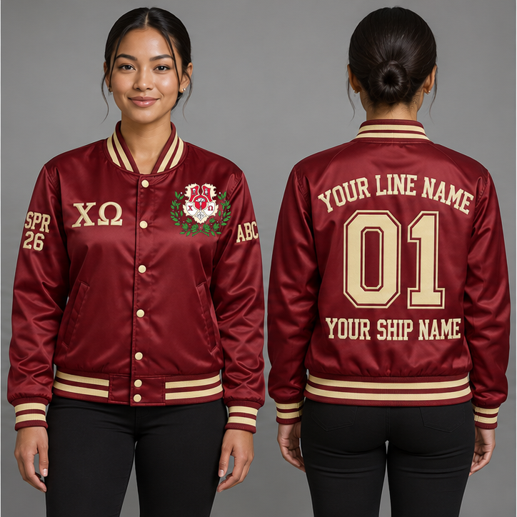 Chi Omega Cardinal and Straw personalized satin line jacket on an adult model, original supplied crest and ΧΩ letters, sample line name, line number 01, ship name, crossing year and chapter initials.