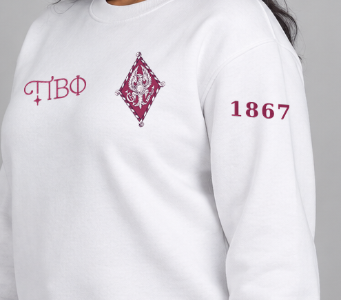 Pi Beta Phi premium embroidered white solid crewneck sweatshirt on model - founding year sleeve detail
