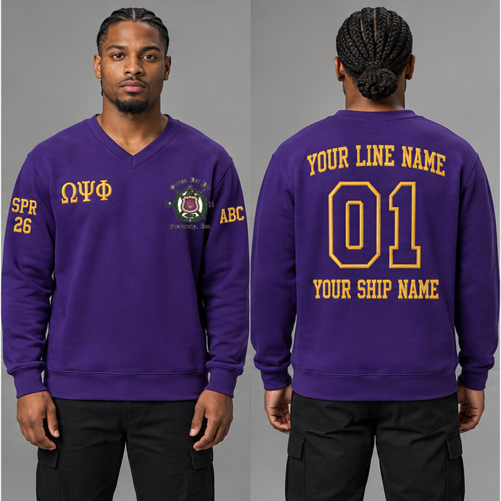 Omega Psi Phi Royal Purple V-neck sweatshirt on an adult model with Old Gold Greek letters ΩΨΦ, original supplied crest, sample line name, number 01 and ship name, crossing year and chapter initials on sleeves.