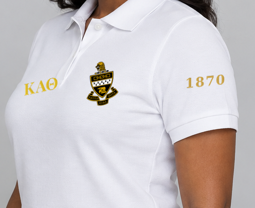 Kappa Alpha Theta premium embroidered white solid polo on model - founding year sleeve detail
